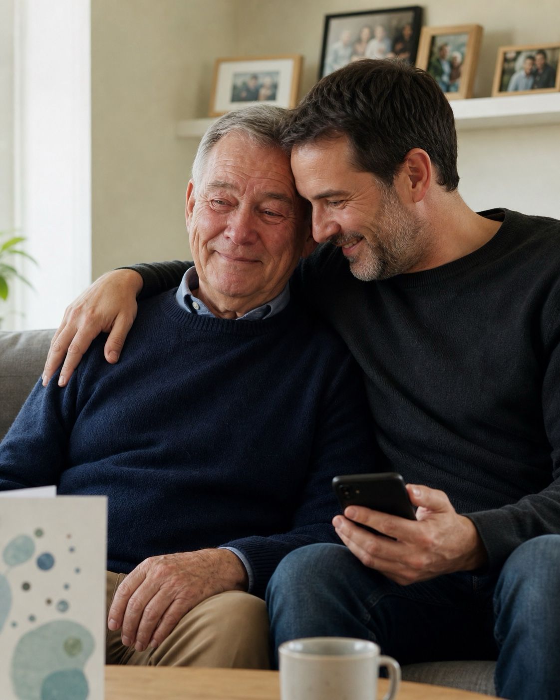 Dad and his adult son sharing an emotional moment after hearing a personalised birthday song