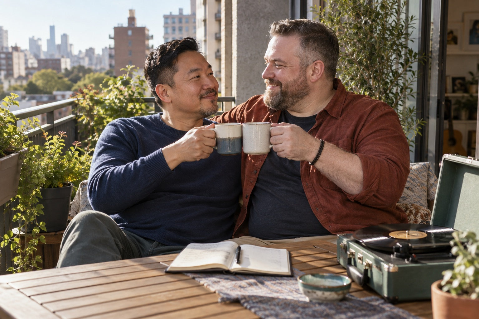 Two men celebrating a meaningful personal milestone together over coffee