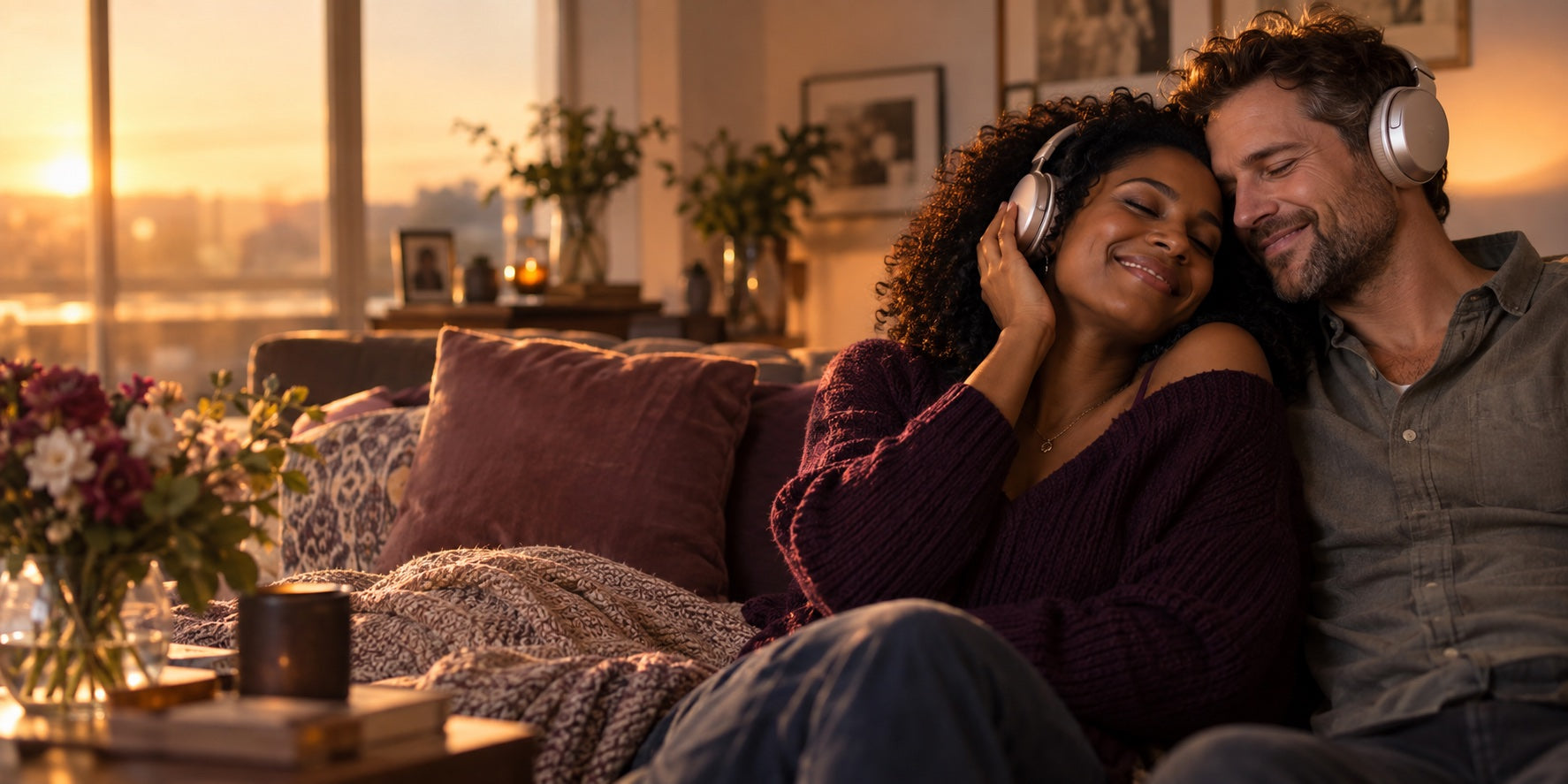 A couple sharing headphones and listening to their anniversary song at home
