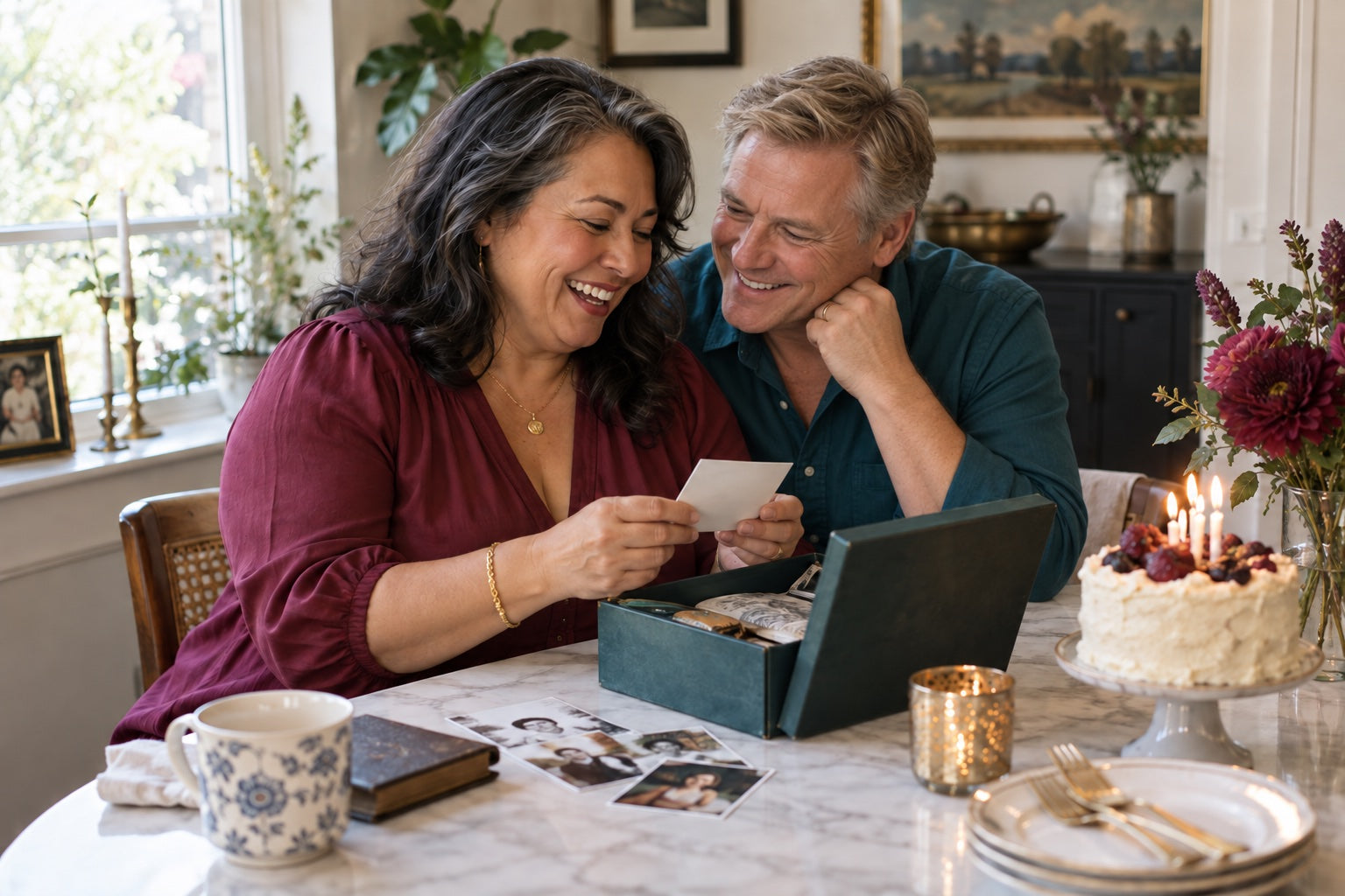 A mature couple laughing as they look through anniversary photos and keepsakes